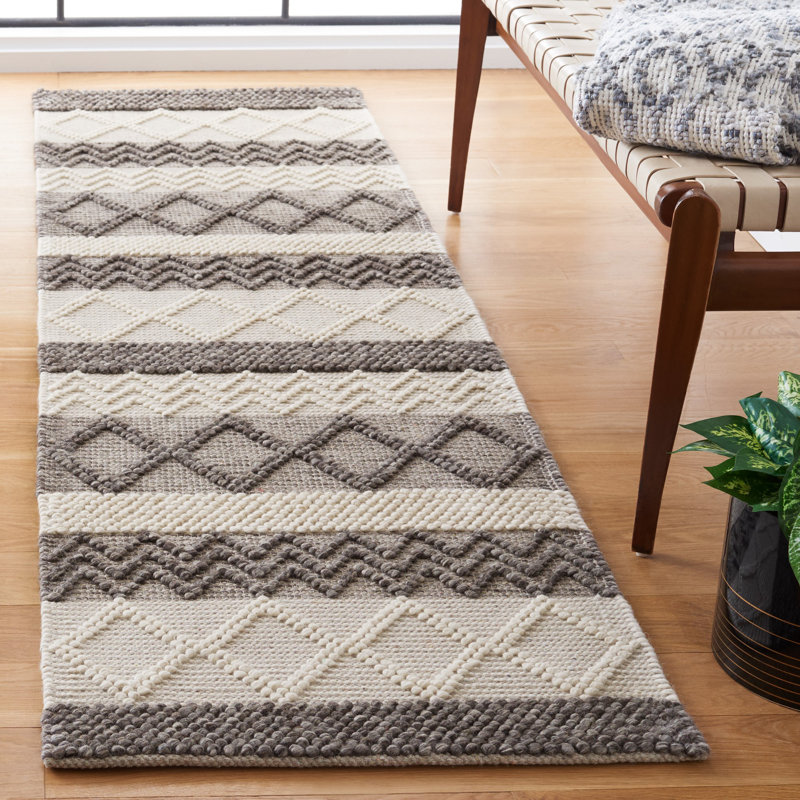 Atousa Hand Woven Wool/Cotton Striped Rug in Ivory/Grey, Runner 2'3" x 8'