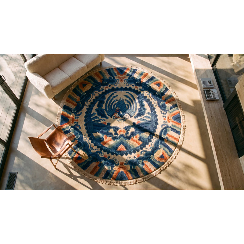 Chinese Round Blue Knotted Wool 1900s - Peking Antique Small Scatter Size Rug