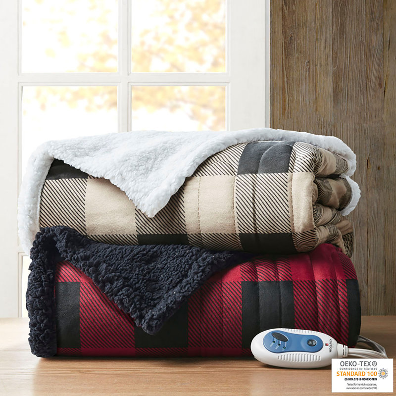 Linden Red and Black Faux Fur Electric Heated Blanket