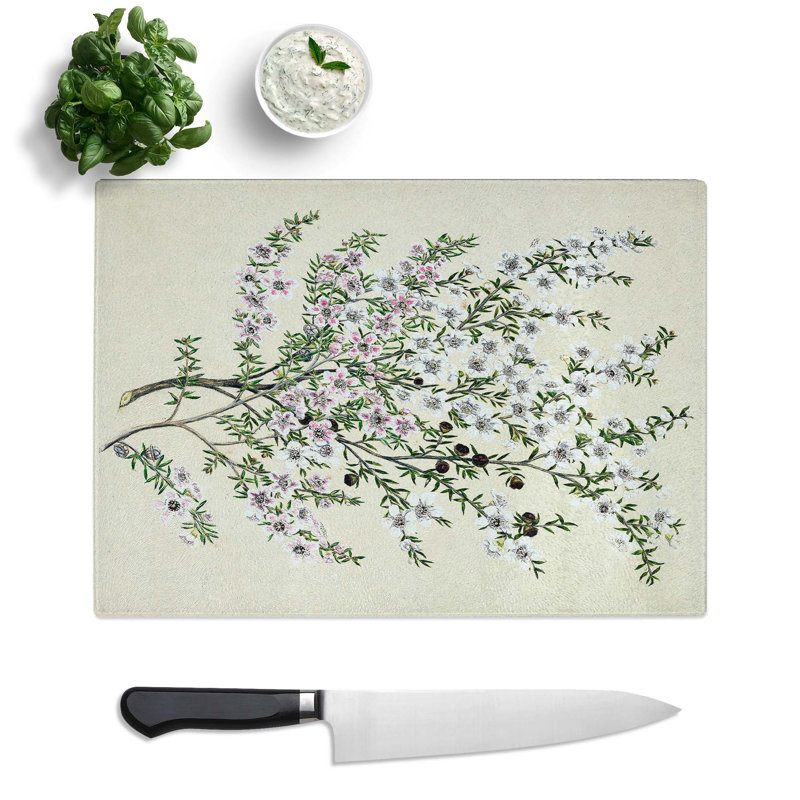 Tempered Glass Manuka Flowers by Sarah Featon Chopping Board, 39 cm x 28.5 cm