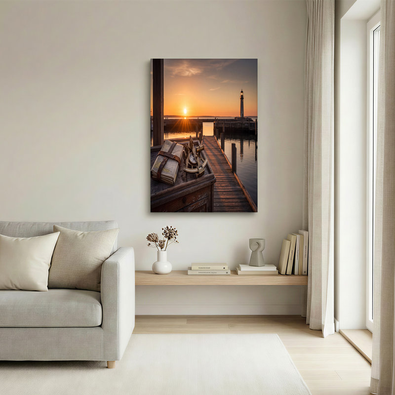 Art mural sur toile en laiton, sextant et carte sur crépuscule par le phare, 16"H x 24"W