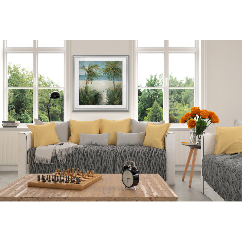 Plage de sable - peinture, H 28 po x l 28 po x P 1,5 po, Encadrement argenté