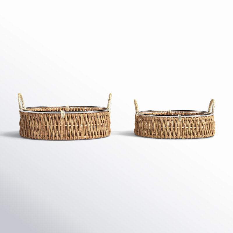 20" Round Natural Seagrass Woven Storage Basket Set with Metal Ring Handles