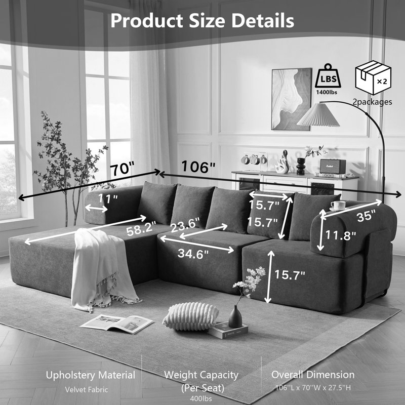 Canapé modulaire en forme de L de 106 po avec méridienne mobile, canapé-lit 3-en-1 convertible en lit-canapé, revêtement en velours moelleux, 5 coussins, aucun assemblage requis
