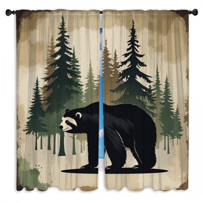 Black Bear In Forest Window Curtains Bear Sheer & Room Darkening - 2 Panels