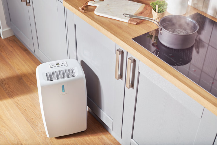 dehumidifier in a kitchen with a steaming pot on the stove