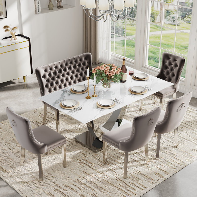 Table de salle à manger rectangulaire en verre trempé avec banc capitonné, table de salle à manger de luxe avec chaise capitonnée en velours pour salle à manger