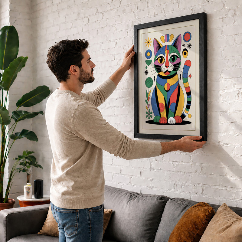 Geometric Feline Folk Retro - Framed Print, Oak, A4 - 29.7 x 21.0 cm