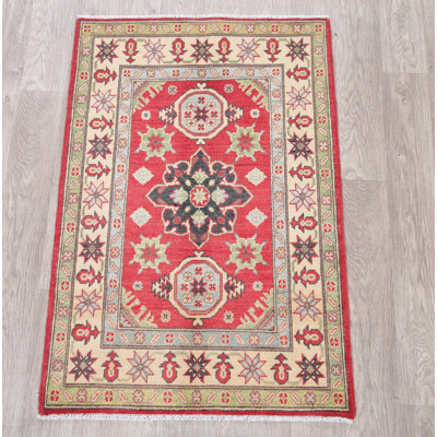 Tapis unique en laine noué à la main style Kazak des années 2010 de 2 pi 9 po x 4 pi rouge Ninette