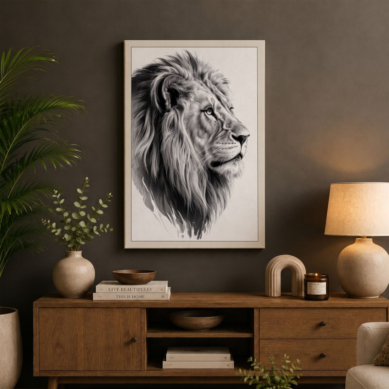 Noble Lion Profile Realistic 1 Piece Wrapped Canvas Wall Art, 30x20 - 76.2 x 50.8 cm, Sage Border