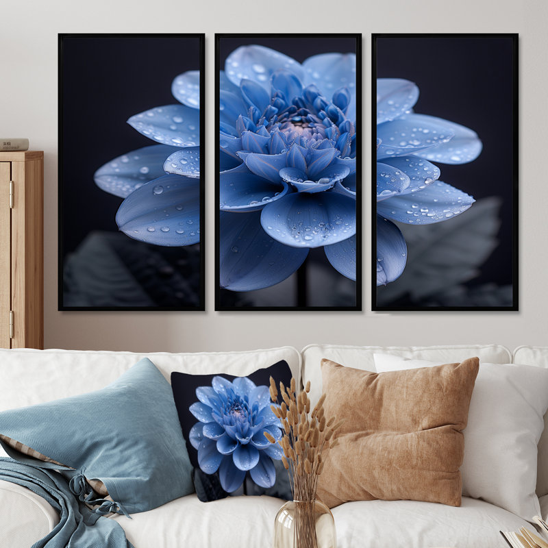 Monochrome Black And Blue Dahlia Bloom - Dahlia Wall Art Set, 28" H x 36" W x 1" D, Black Floater Framed Canvas