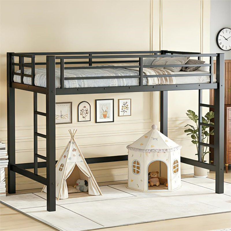 Loft Bed Twin Size, Heavy Duty Loft Bed Frame With 2 Build In Ladder And Full Length Guardrail, Easy Assemble, Noise Free Design, No Box Spring Needed, Black