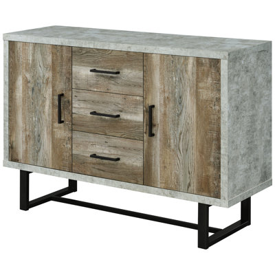 Armoire à 3 tiroirs en ciment et chêne vieilli avec pieds en bronze à canon, convient aux salles à manger de style, avec espace de rangement de 34 pouces de hauteur