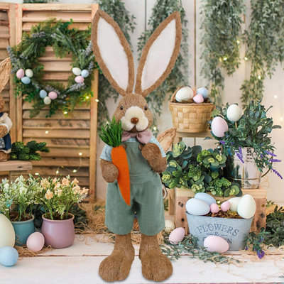 Décorations de lapin de Pâques, décorations de porche de statue de lapins pour l'extérieur avec carotte, haut lapin en sisal, topiaire de Pâques, lapin de paille debout pour jardin, ferme, porte d'entrée, ressort