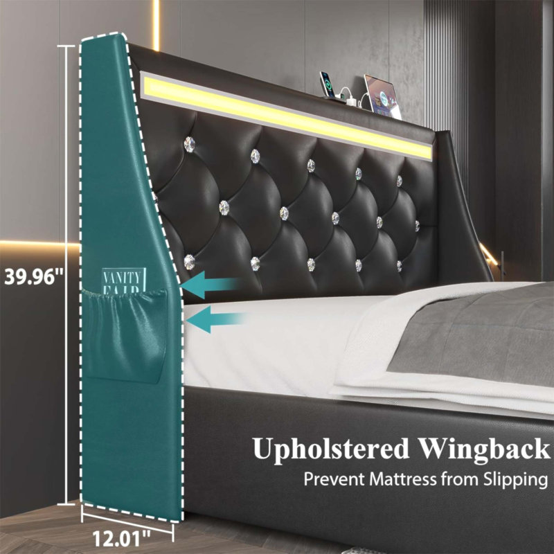 Structure de lit tapissier à oreilles de luxe avec rangement, lumières DEL et station de charge pour les chambres modernes
