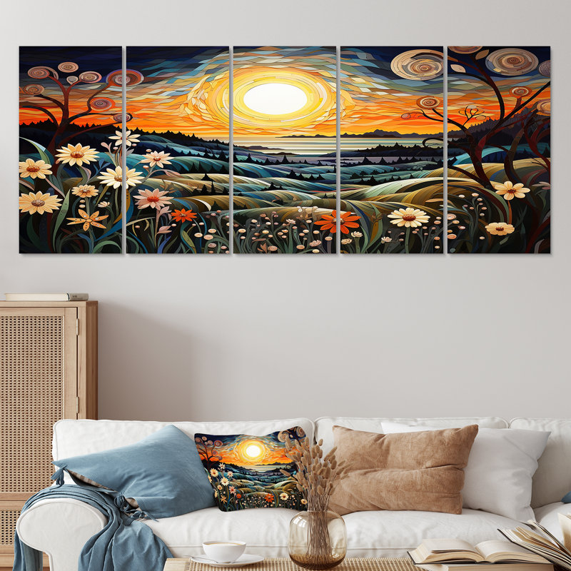 «Blooming Flower Majestic Moon Ocean Horizon», art mural abstrait, 5 pièces, H 32 po x l 80 po