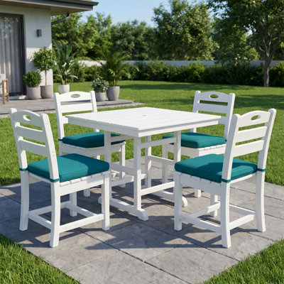 5-Piece HDPE Outdoor Dining Set, All-Weather Square Patio Table & 4 Chairs with Umbrella Hole, Low-Maintenance White Finish