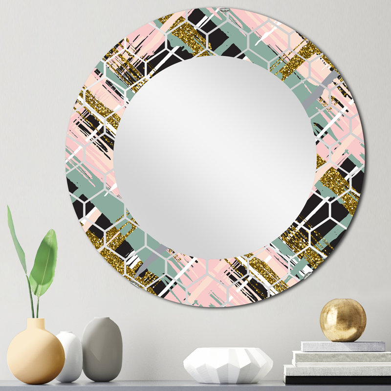Miroir mural bleu, rose et paillettes III, 24 po x 24 po