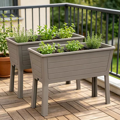 Lit surélevé surélevé avec jardin surélevé, jardinière en plastique résistant aux intempéries avec pieds pour légumes, herbes et fleurs, brun clair / gris, 2 pièces