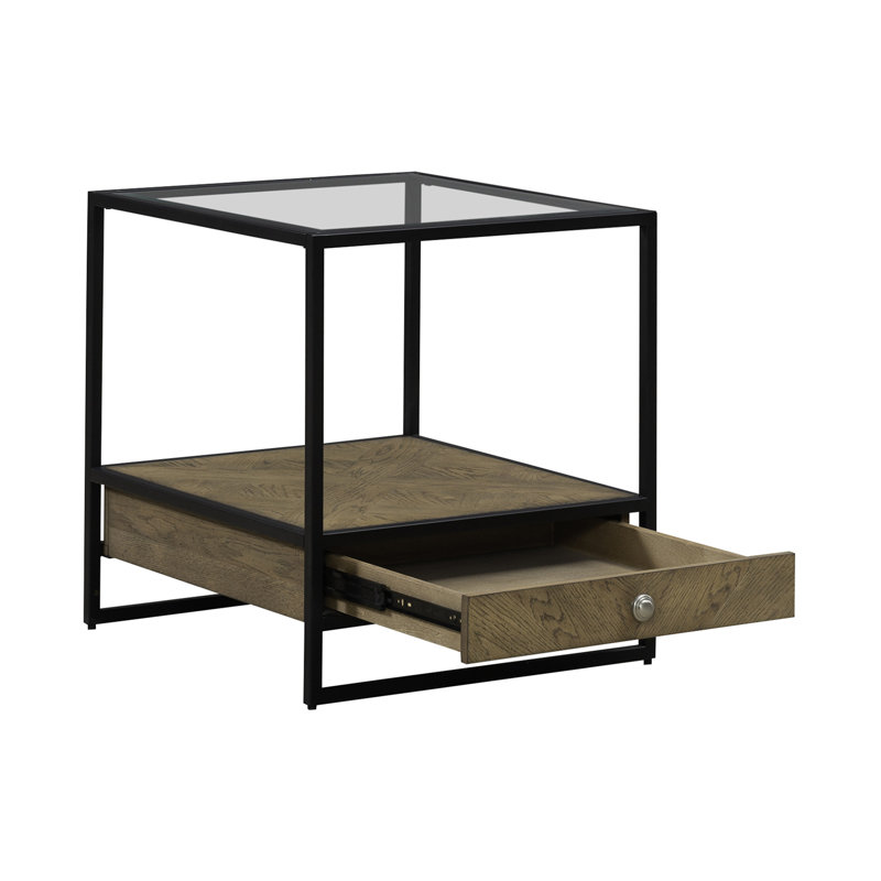 Table de bout Jaylan avec plateau en verre trempé et 1 tiroir