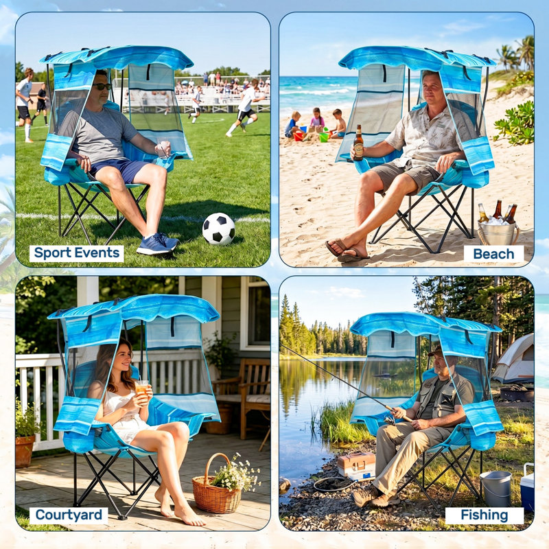 Single Outdoor Chair With Canopy Shade, Folding Reclining Beach Chair With Cup Holder And Cooler Bag, Lightweight Lounge Chair
