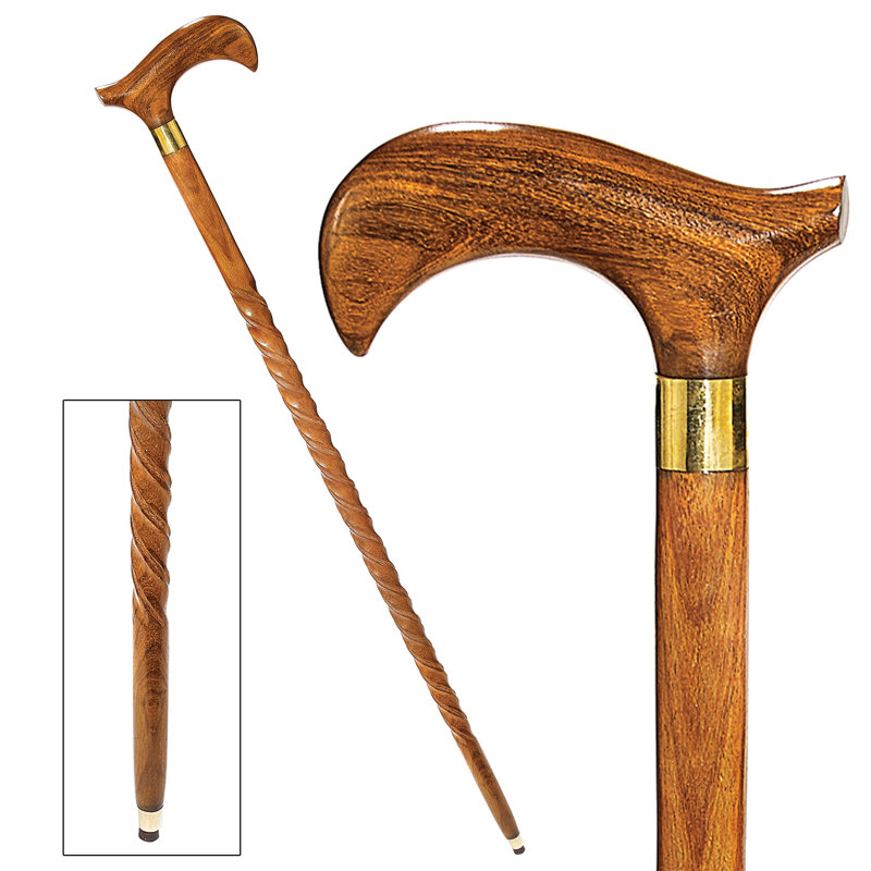 Solid Hardwood Walking Stick with Brass Detail, 36" Length
