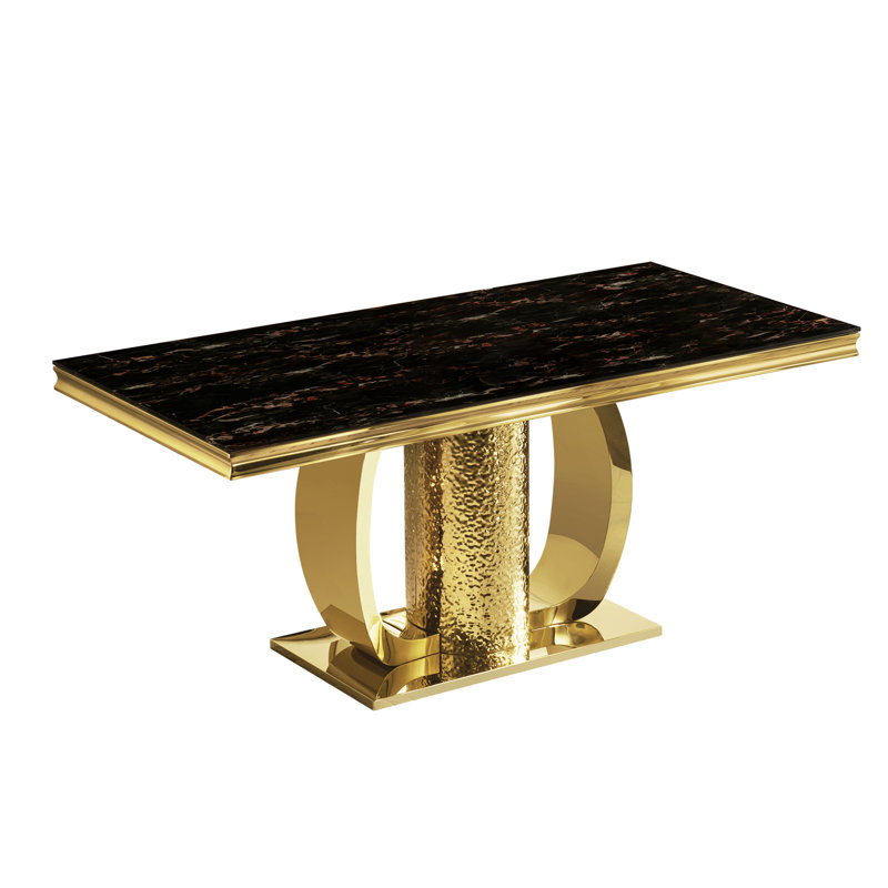 Table de salle à manger rectangulaire dorée avec verre trempé de 69,2 pouces, pieds résistants à la corrosion, élégance élégante, conception d'espace et table en verre, robustesse robuste, durabilité des surfaces égratignées,