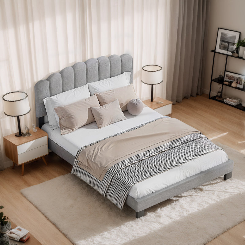 Dhugan Low Profile Linen Platform Bed Frame with Adjustable Headboard, Queen