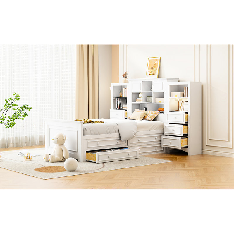 Lit plateforme simple blanc en bois avec armoire verticale tout-en-un, 4 tiroirs de chaque côté et tête de lit pour la chambre à coucher