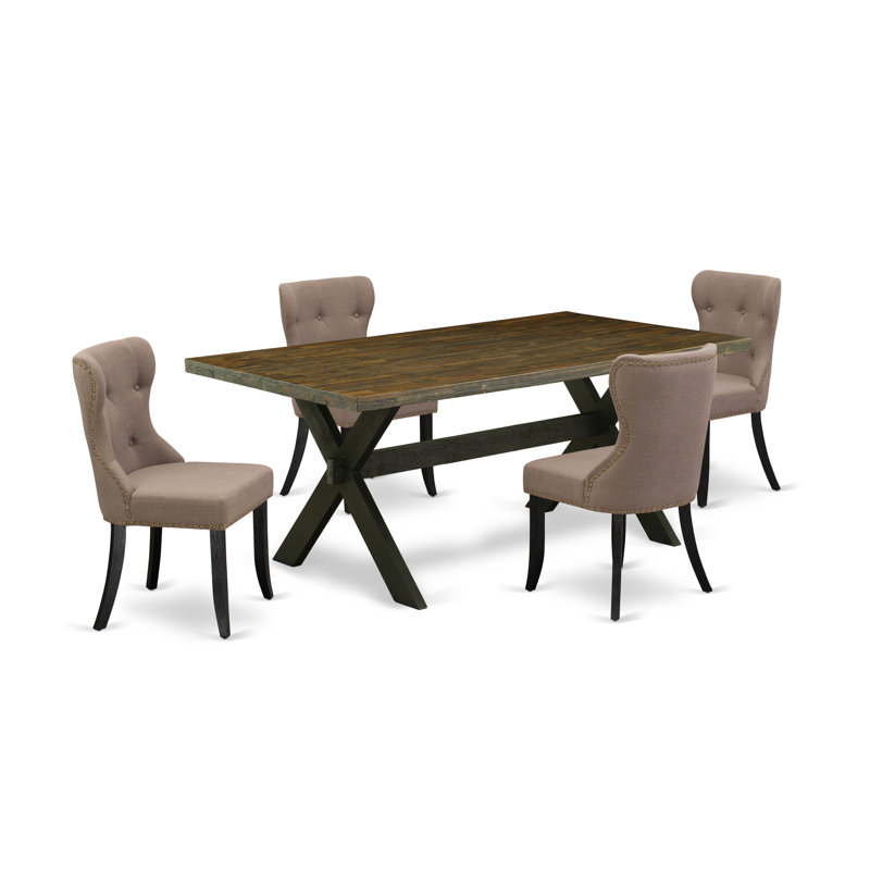 Ensemble de 5 pièces pour coin-repas pour 4 personnes comprenant une table de salle à manger rectangulaire avec pieds en X et 4 chaises Parson rembourrées en lin café, noir brossé