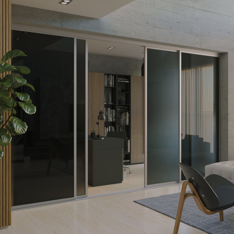 Cloison 4 panneaux coulissants en verre givré fumé - Structure en aluminium avec technologie Silent Glide, 160 po x 96 po