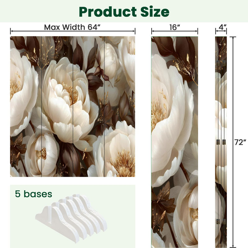 Cloison pliante 4 panneaux à motif de pivoines en or blanc somptueux, 4, 71" H x 64" W x 1" D