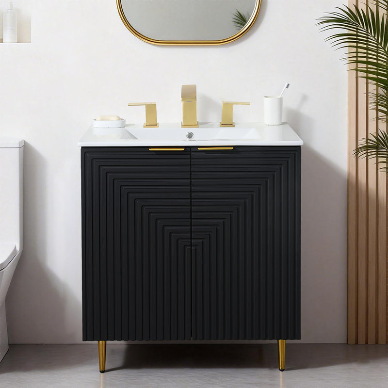 Meuble-lavabo simple 30 po noir avec plateau en céramique, Noir, noir, noir, noir