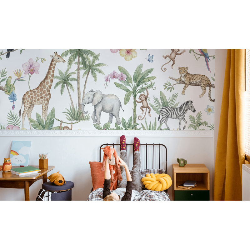 Papier peint floral Jungle Animals, 200 po x 120 po, Peler et coller