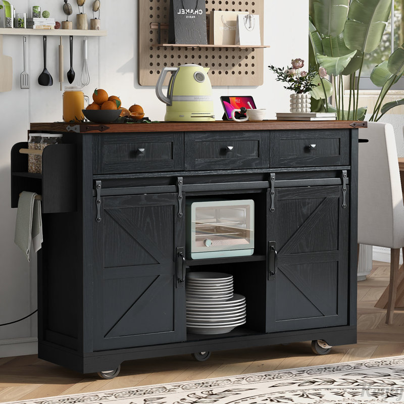 53.7" Farmhouse Kitchen Island with Power Outlet, 2 Sliding Barn Door Kitchen Storage Island with Drop Leaf, Spice Rack Rolling Kitchen Cart on Wheels, for Home, Kitchen and Dining Room
