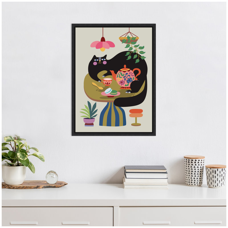 «Fat Cat Tea Party» par Rachel Lee, 3 oiseaux, reproduction d'art sur toile encadrée