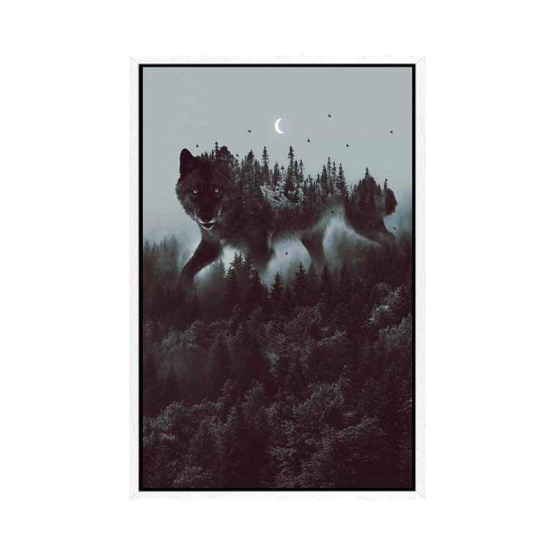 Noctivagant Black Wolf - Print on Canvas, 152.5 cm H x 101.5 cm W, White Framed