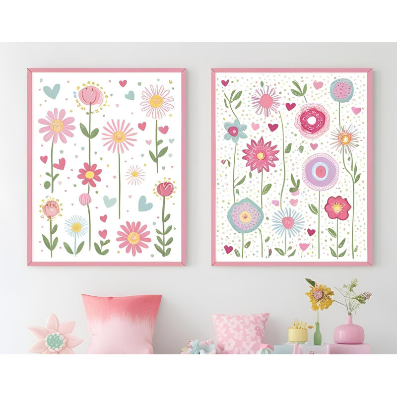 Set Of 2 Wall Art Prints – A4 Size, Unframed – Floral & Heart Designs For Kids Room