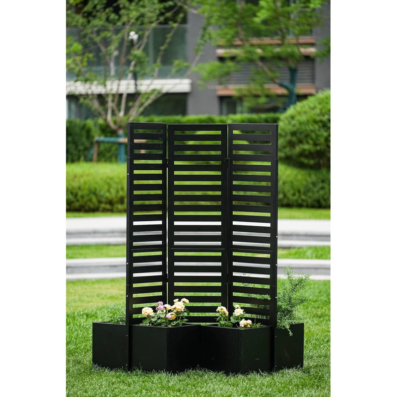 Paravent autoportant en métal à 3 panneaux avec boîtes à fleurs surélevées intégrées - Jardinières intégrées, treillis à lattes fonctionnel et boîtes à fleurs, pour patio, terrasse et cour