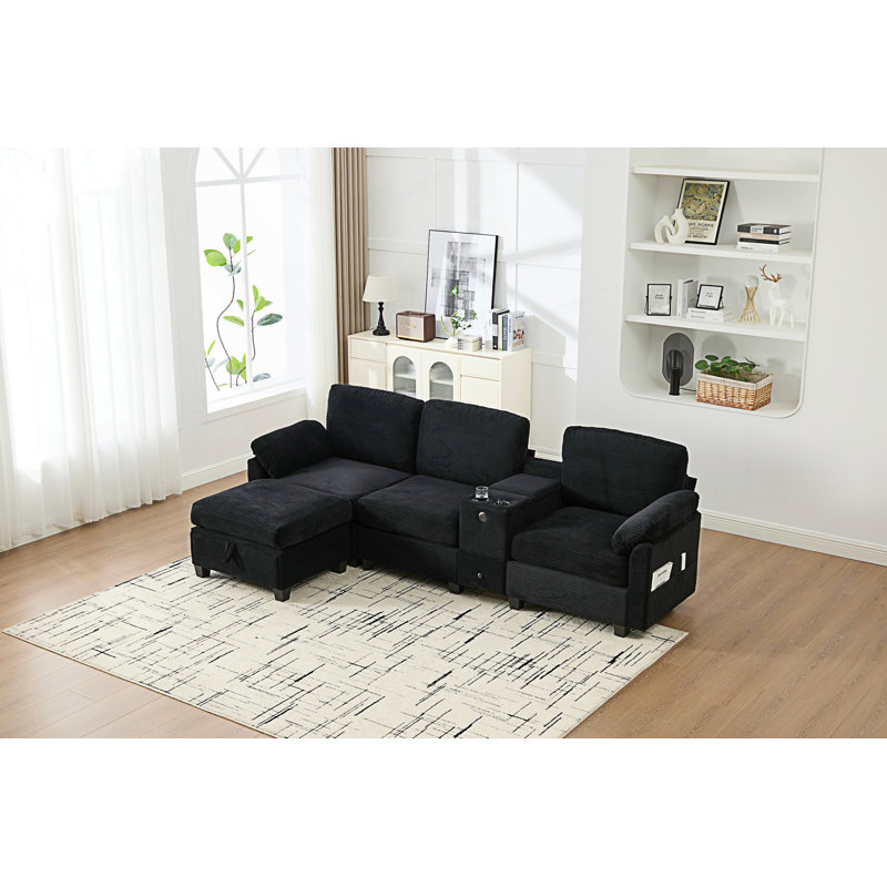 Canapé en L multifonctionnel à 4 places avec porte-gobelet / USB / boîte de rangement, Velours côtelé noir