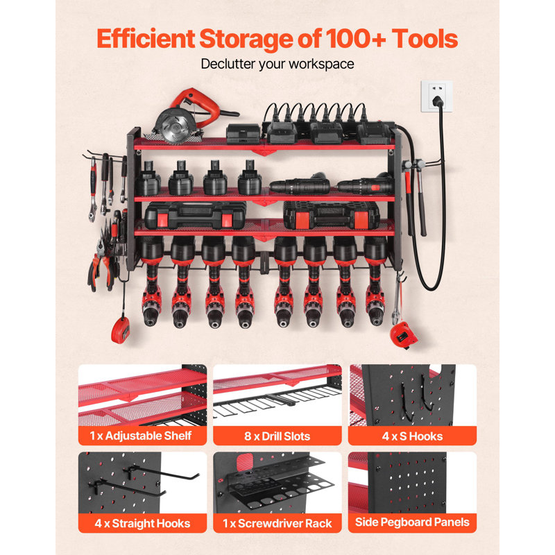 Organisateur d'outils électriques avec station de charge, support de rangement de perceuse à 4 couches avec 8 supports de perceuse et panneau perforé latéral, organisateur d'outils de garage intégré à 8 prises électriques pour garage, établi, atelier