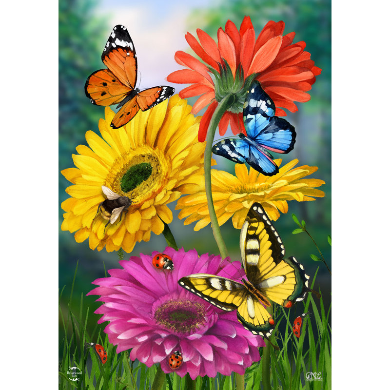 Drapeau de maison papillons et marguerites, Printemps jaune/violet/orange