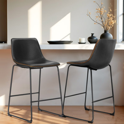 Counter Height Barstools With Leather Back, Matel Bar High Table Stool Chairs For Kitchen, Set Of 2 26 Inch