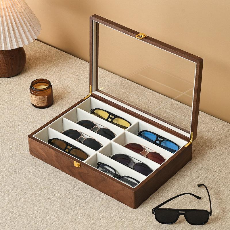 Organisateur de lunettes de soleil en bois de noyer noir, rangement pour lunettes avec couvercle en verre pour 8 hommes.