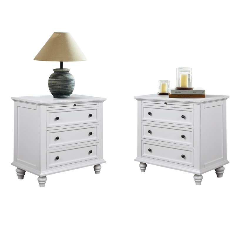 Luminex Traditional 3-Drawer Nightstand with Pull-out Shelf and Solid Wood Legs (Set of 2), White, Set of 2