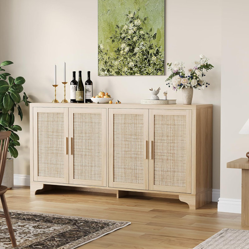 Rattan Sideboard Buffet Cabinet, 62 Inch Storage Cabinet with 4 Doors and Shelves, Modern Farmhouse Accent Table, Wooden Console Table with Storage for Kitchen, Dining Room