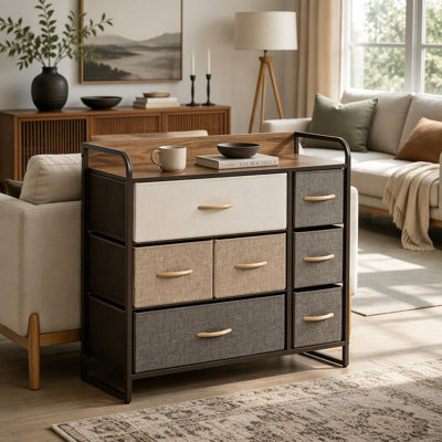 Armoire de rangement moderne avec tablette supérieure ouverte, commode verticale, armoire de sol élégante et tiroirs en lin pliables pour une organisation polyvalente à la maison