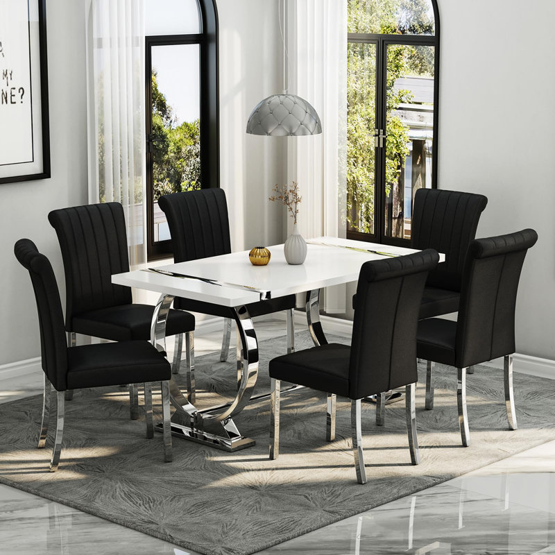 Black Leather Dining Chairs With Mirrored Silver Legs Set Of 8