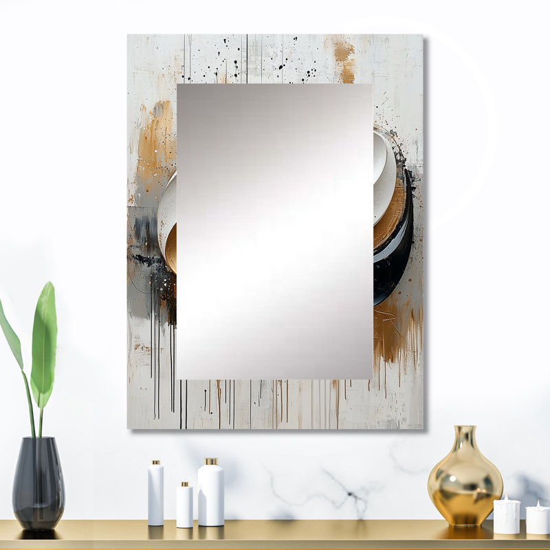 Black And White Ink Organic Fusion II - Abstract Shapes Mirror, Gold Decorative Wall Mirror, Printed Metal Art, 32" x 24"