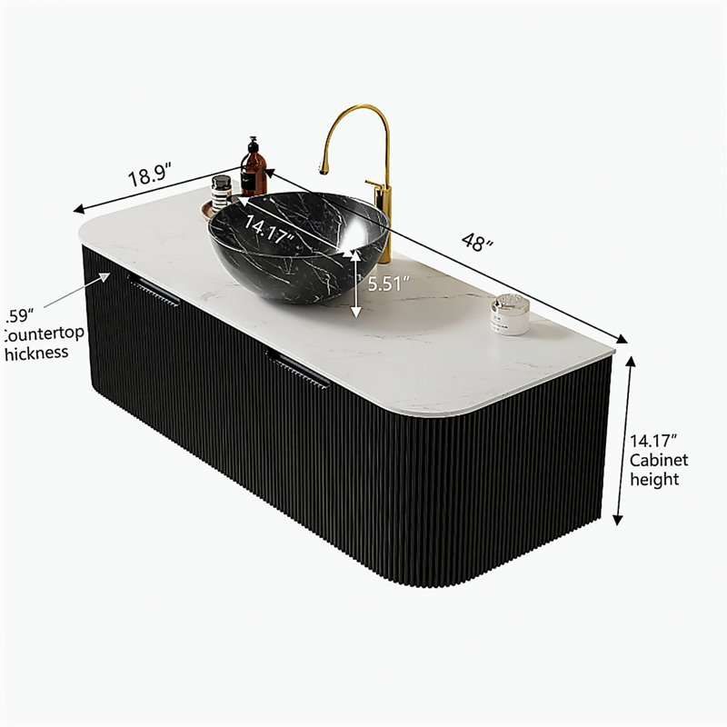 DINA 48" Bathroom Vanity with Sink, Wall-Mounted Floating Curved Edges Striped Bathroom Storage Cabinet with 2 Drawers, Black Bowl Ceramic Basin with Stone Pattern, Pre-assembled, Black Color